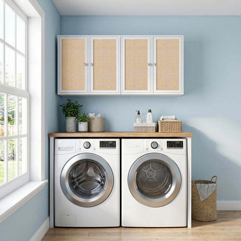 Armoire murale 24 po avec portes en rotin (ensemble de 2), Blanc / Blanc