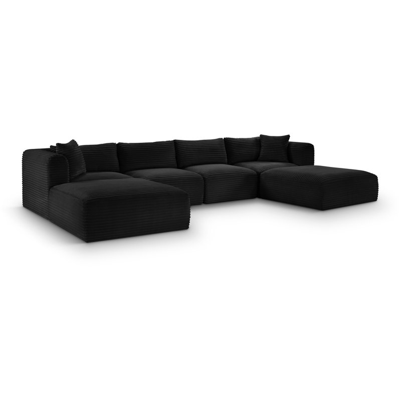 Canapé modulaire Carmean, Tissu velours côtelé texturé noir, 2 repose-pieds sans accoudoirs, 2 en coin, 2 repos