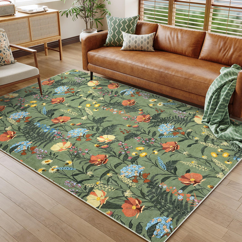 Tapis moderne à motif de fleurs Tapis décoratif antidérapant, Vert, Rectangle 6 pi x 9 pi