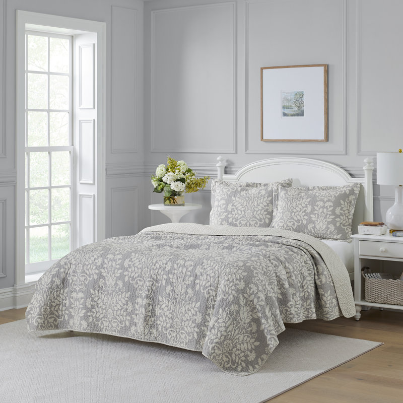 Laura Ashley Rowland Cotton Reversible Quilt Set, Full/Queen Coverlet + 2 Standard Shams, White/Gray