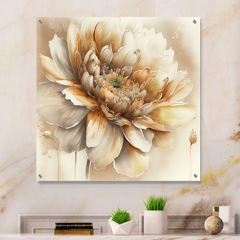 Fleur beige simple V - art mural floral en acrylique, H 16 po x l 16 po
