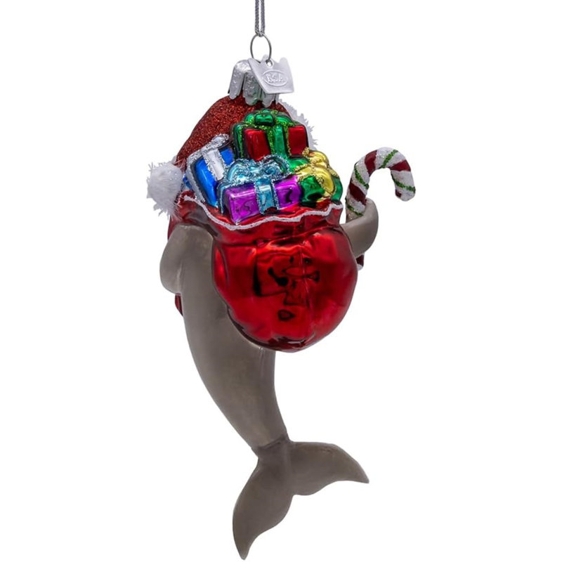 Kurt Adler Noble Gems Glass Christmas Ornament, Dolphin with Santa Hat and Gifts