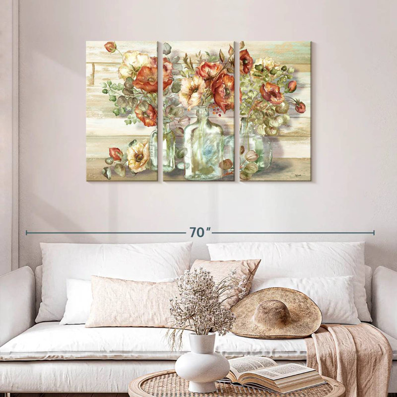 Harnek, coquelicots et eucalyptus en bouteille, H 28 po x l 45 po