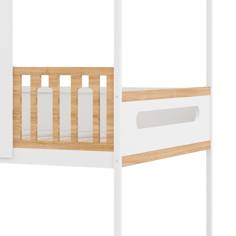 Lit mezzanine pour enfants avec glissade et aire de jeux inférieure polyvalente délimitée par des garde-corps, Full