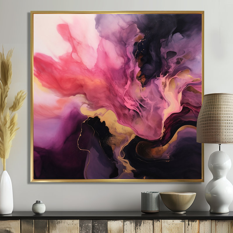 Sombre nuit cosmique magenta doré - salon d'art mural en marbre, H 30 po x l 30 po x P 1 po, Toile avec cadre flottant or