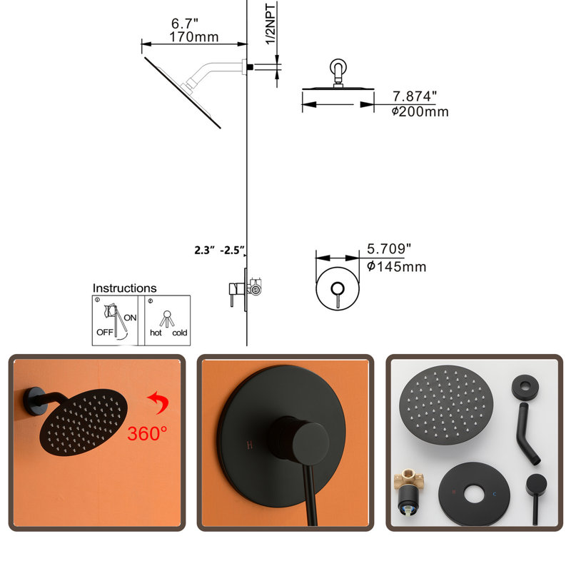 Système de douche complet à pression équilibrée (température et volume) avec valve brute