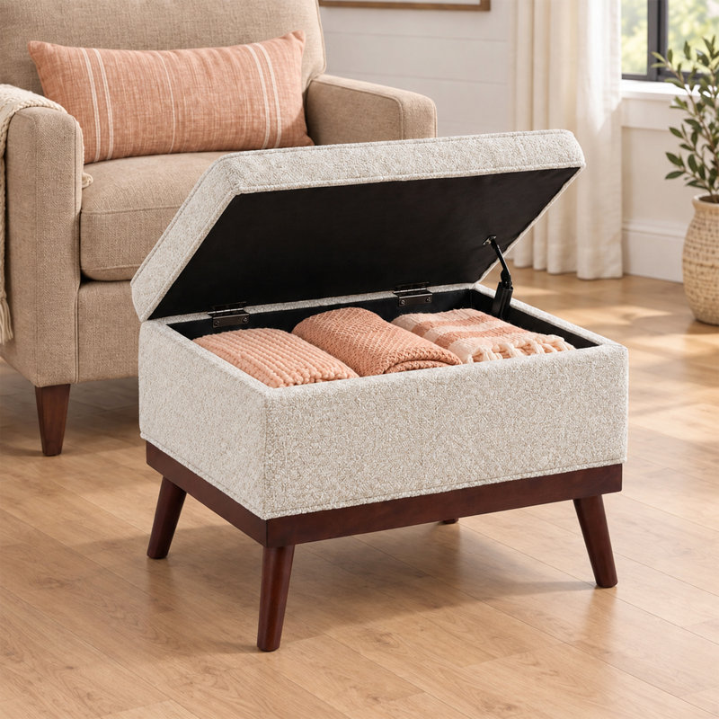 Luciano Mid Century Storage Ottoman, Oatmeal