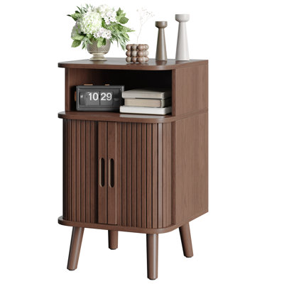 Mid Century Modern Nightstand, Fluted End Table With Open Shelf and Storage Cabinet, Curved Round Edge Wood Bedside Table with Slide Doors