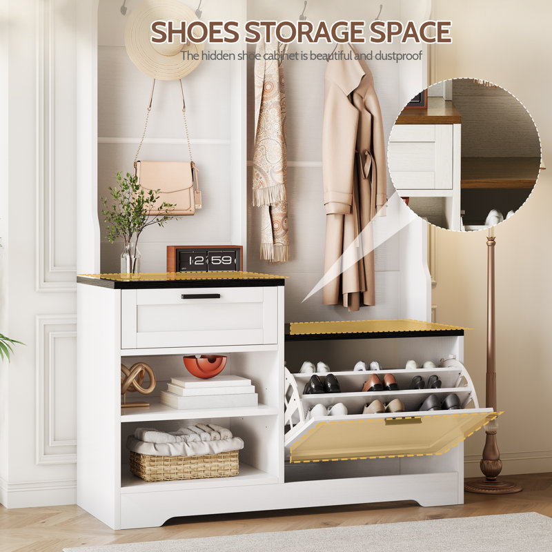 Arbre d'entrée avec banc et rangement, bois aggloméré, grain de bois blanc et noir estampé, pour entrée, chambre à coucher, garage
