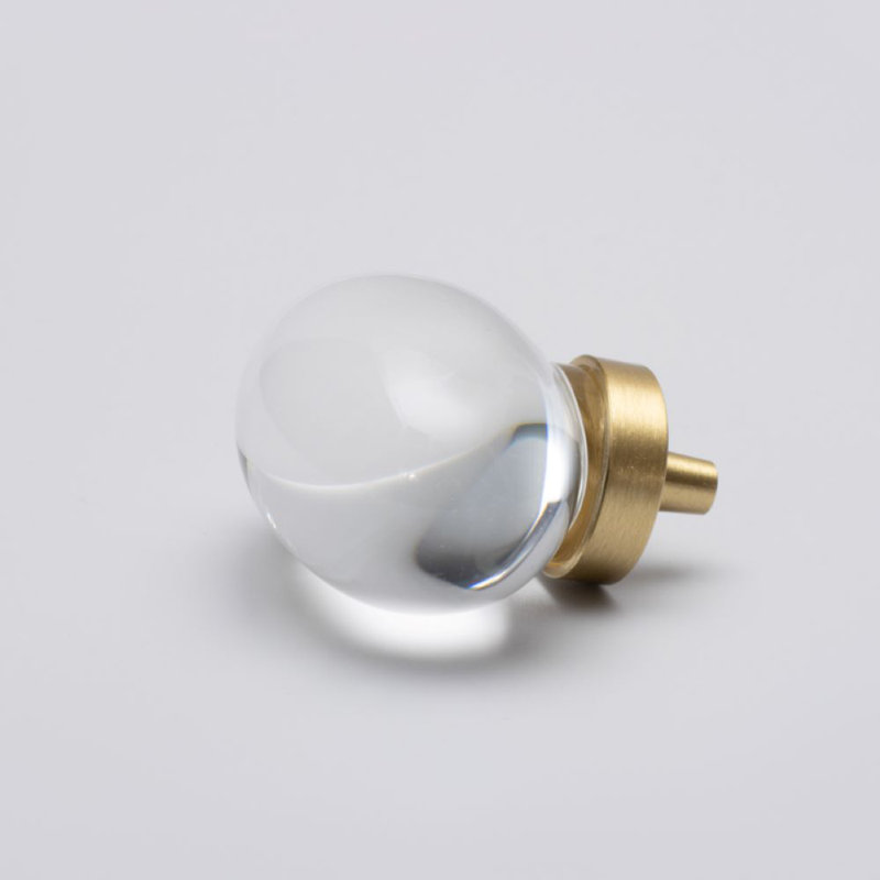 1 3/4" Oval Amber Glass Knob, Brushed Brass/Clear