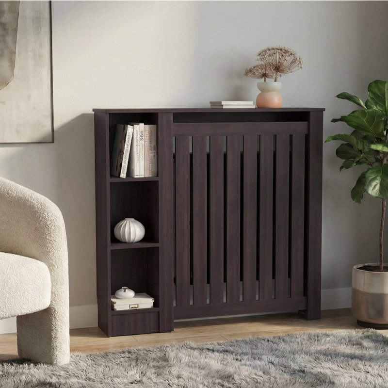 Armoire de radiateur Joseph avec cadre à lattes et 3 tablettes, housse de chauffage décorative, mobilier moderne, Brun
