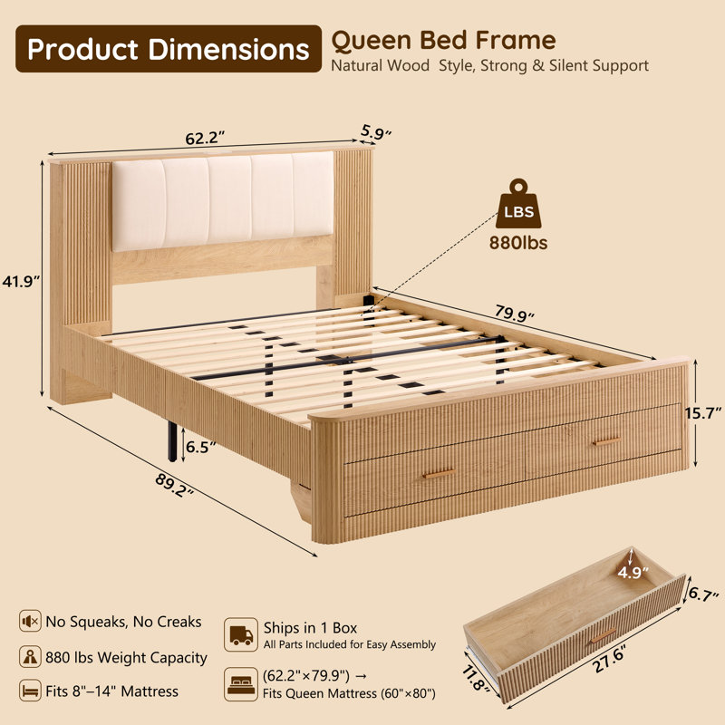 Queen Modern Platform Bed Frame With Storage Drawers & Charging Station, Upholstered Headboard With Usb Ports & Outlets, Sturdy Wood Slat Support, No Box Spring Needed, Easy Assembly, Natural Oak