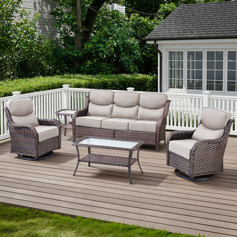 5-Piece Outdoor Wicker Patio Thick Cushion Sofa And Swivel Chairs Set With Coffee Table, Beige, Brown