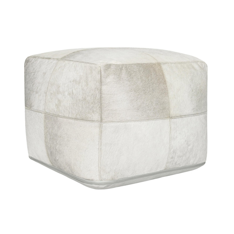 Leopard 18" Natural Leather Hide Printed Camel Floor Cushion Pouf, Ivory