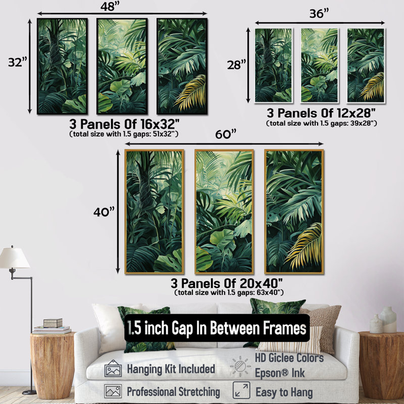 Jade, jungle épaisse, jungle de palmiers II, Cadre flottant doré, H 32 po x l 48 po