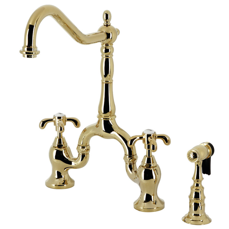Kingston Brass Heirloom Two-Handle 3-Hole Deck Mount Bridge Kitchen Faucet with Brass Side Sprayer, Polished Brass