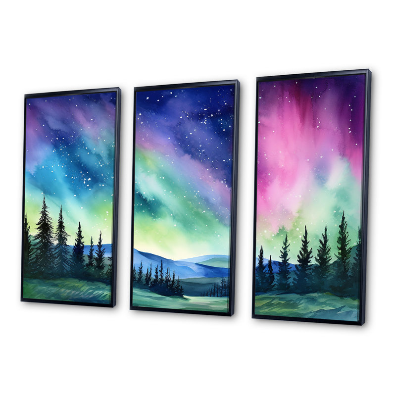 «Pastel Aurora Borealis Scenery II», ensemble d'art mural sur toile Aurora Borealis, Cadre flottant noir
