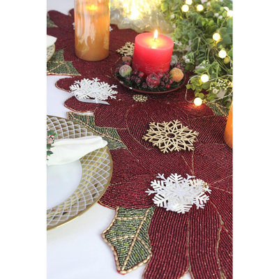 Beaded Table Runner – Red & Green – Poinsettia Design For Christmas, Thanksgiving & Holiday Parties
