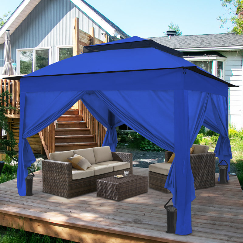 11 Ft. W x 11 Ft. D Pop Up Instant Steel Patio Gazebo with Solid Wall, Black, Blue