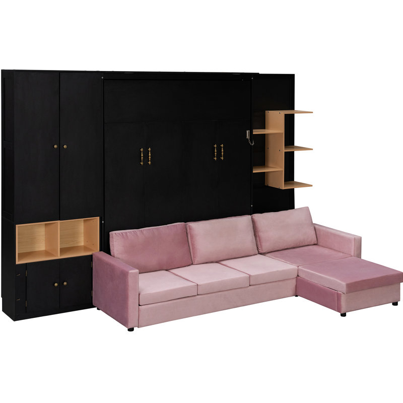 Grand lit intelligent avec grand, rangement et lumières montées sur le dessus, noir et rose pour les espaces multifonctionnels avec tablettes ouvertes, double bureau personnel