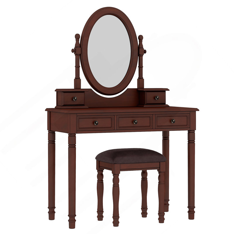 Ensemble de coiffeuse vintage en bois avec miroir réglable, 5 tiroirs et tabouret rembourré pour la chambre à coucher - Finition noyer