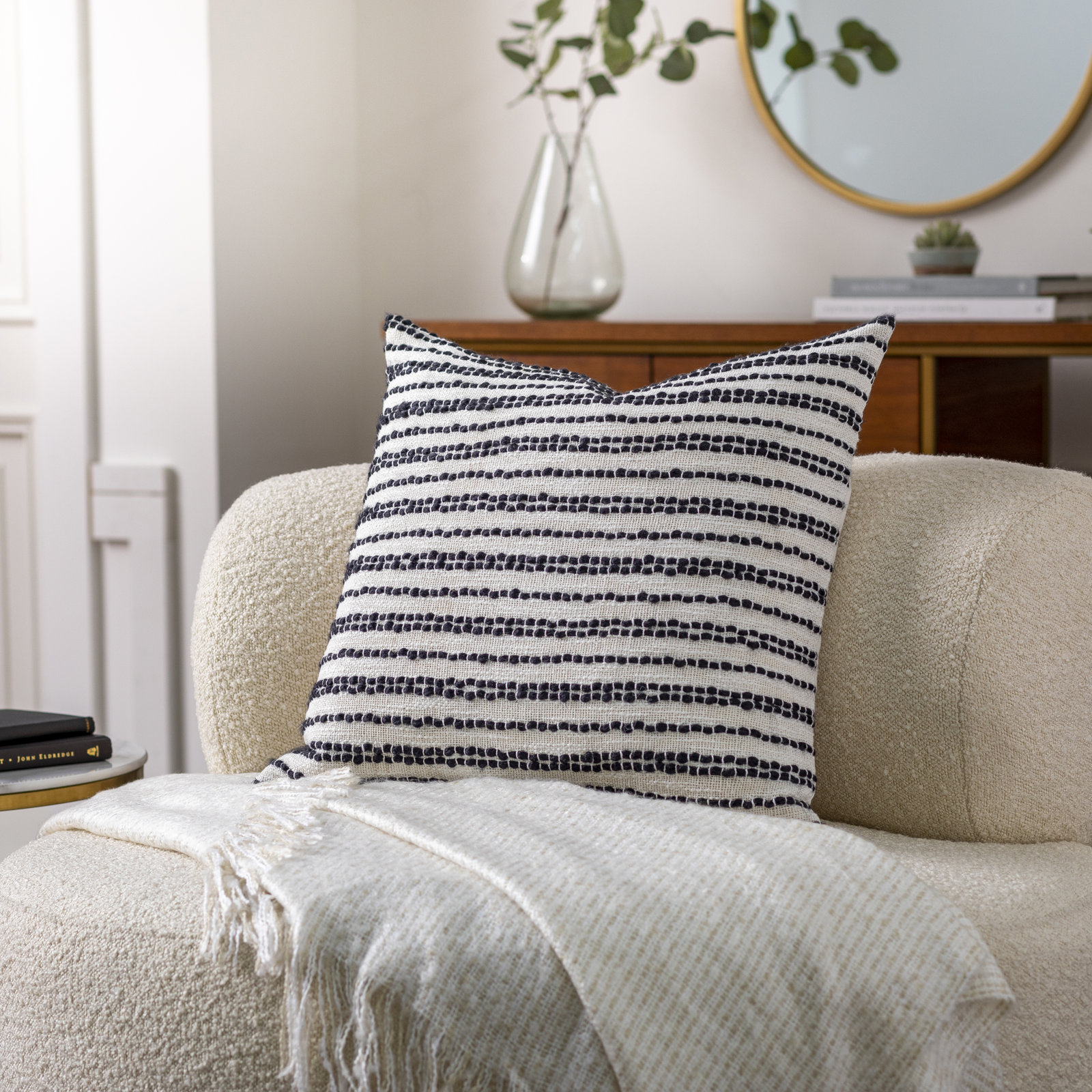 Amora Embroidered Pillow Cover, 20" x 20", White/Black, Down
