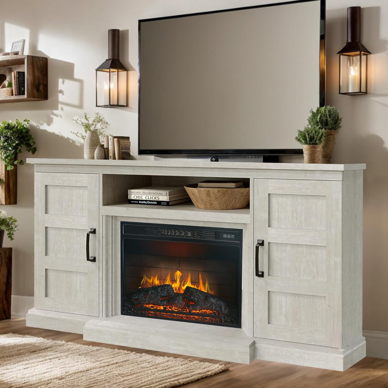 Meuble télé 59 po avec foyer 3D, centre de divertissement moderne pour téléviseurs de 65 po ou moins, conception Highboy avec portes de grange en verre et rangement