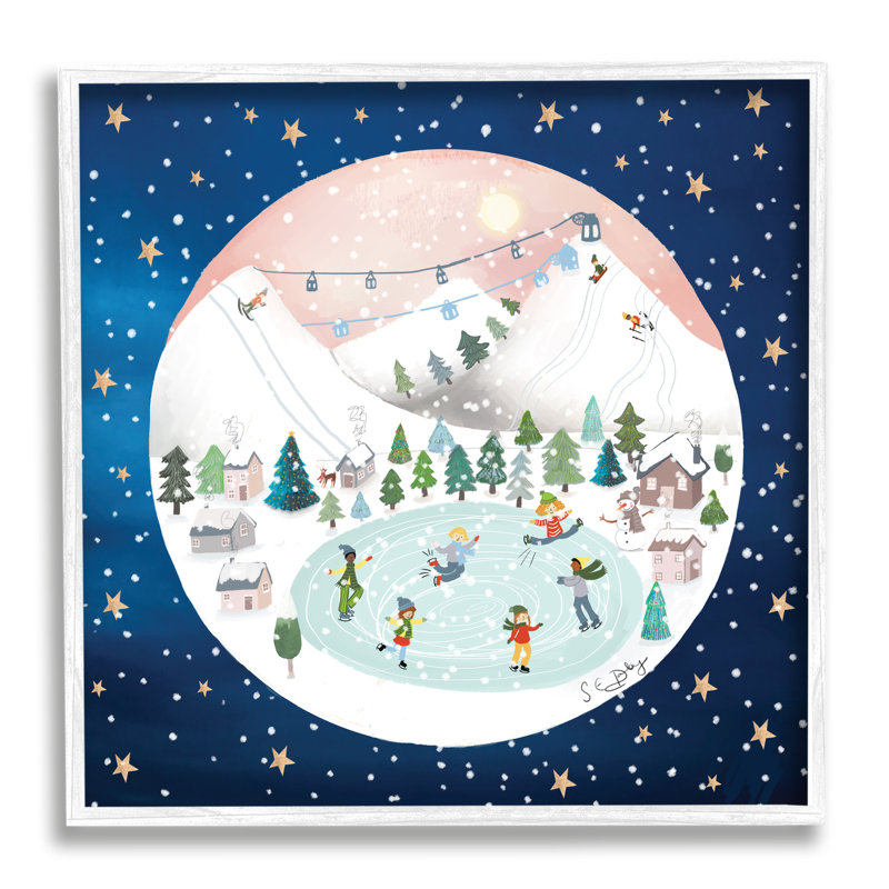 «Ice Skating Christmas Snow Scene» encadré sur bois par Lemon & Sugar, impression, H 17 po x l 17 po, Blanc