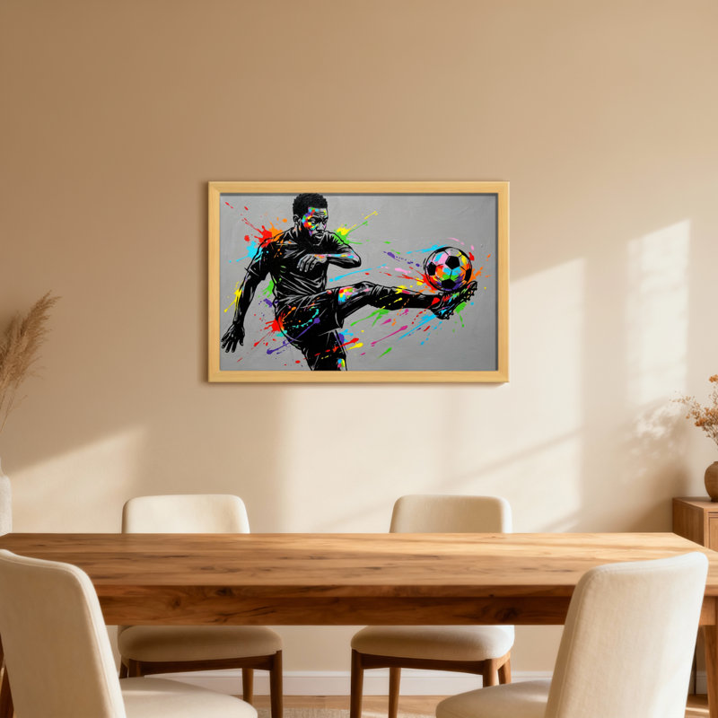 Joueur de soccer coloré en action avec ballon, H 12 po x l 18 po, Toile tendue, Ne s’applique pas
