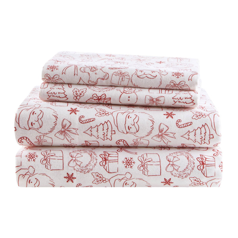 4-Piece 100% Cotton Flannel Pigment Printed Sheet Set,Holiday Doodles, Queen Sheet Set, Pink Abstract