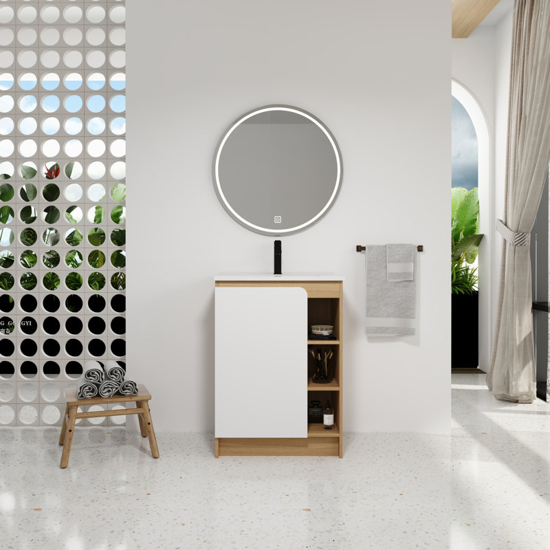 Meuble-lavabo autoportant 24 po, lavabo en céramique, chêne clair, tablettes ouvertes à 4 niveaux