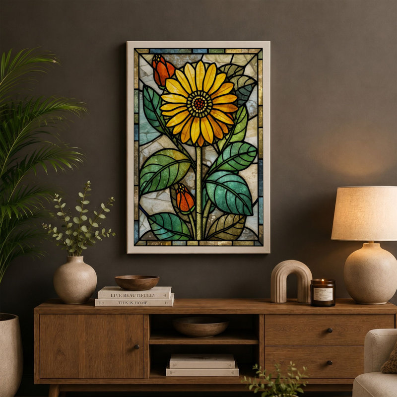 Stained Glass Daisy Botanical - Wrapped Canvas, 36x24 - 91.4 x 61.0 cm, Ochre Border