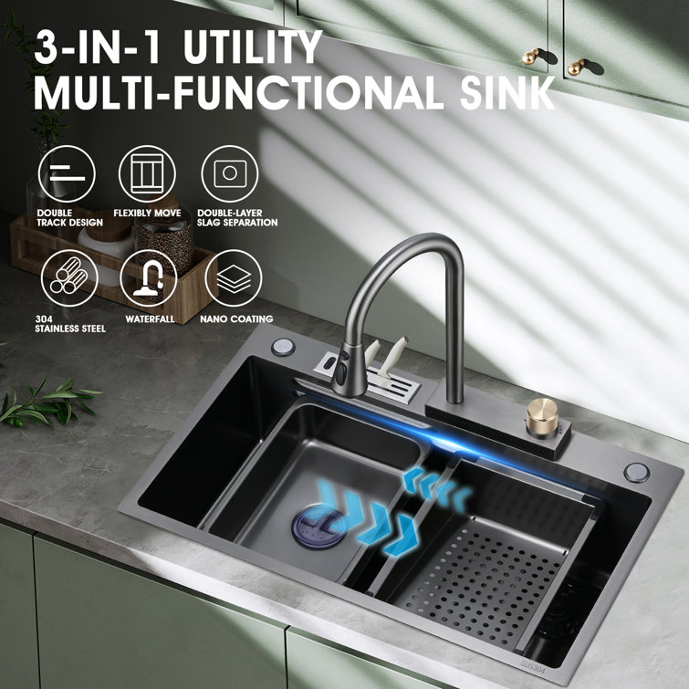 Kinnls Kitchen Sink Stainless Steel Undermount Black Nano Flying