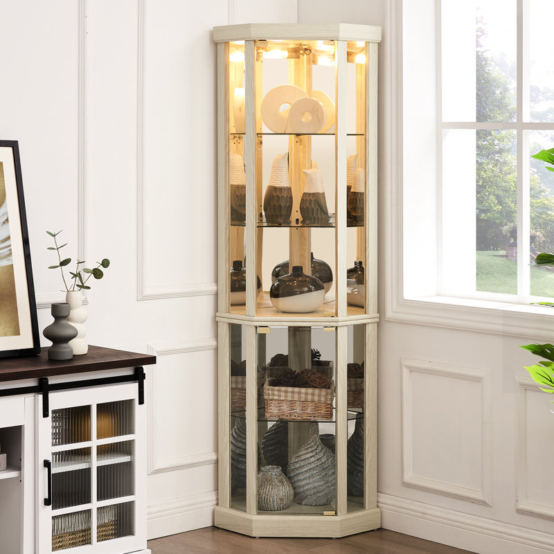 Antique White Living Room Cabinet, Lighted, + Glass, Adjustable Shelves For Organization Lighted Curio Storage, White, 63.18 Lb Weight, Attractive Design