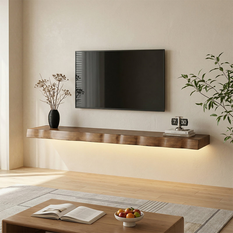 Meuble télé flottant pour téléviseur de 70 po ou moins, tablettes flottantes en bois massif pour salon, Dark Brown