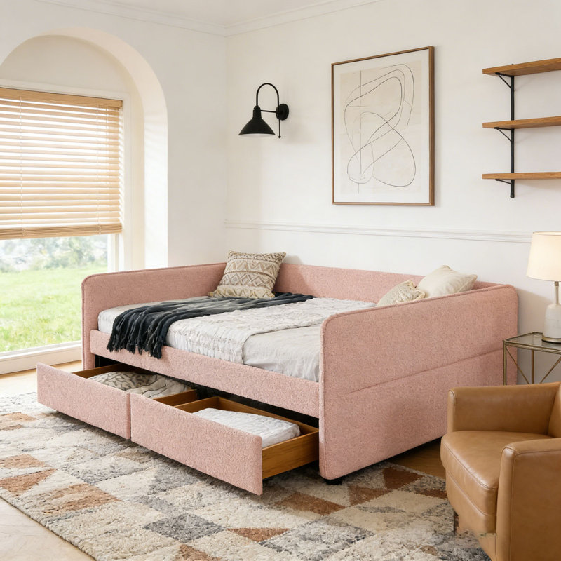Boucle Fabric Daybed, Queen, Pink-2 Drawers