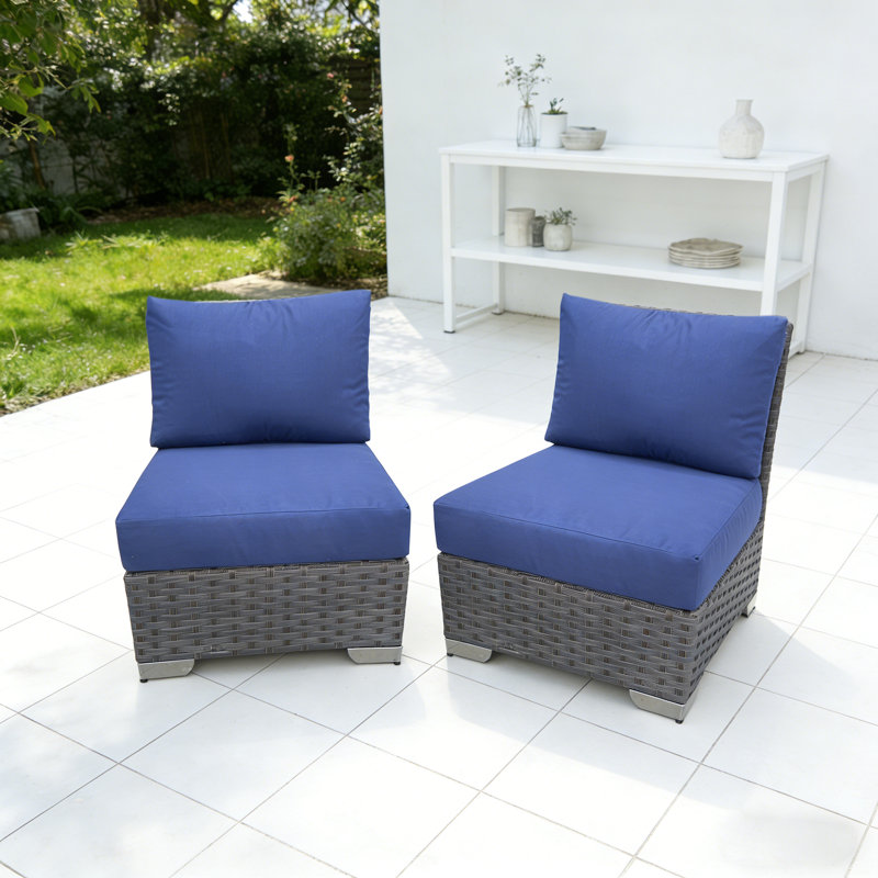  Armless Outdoor Patio Wicker Chairs with Cushions, set of 2, 330 LBS All-Weather Porch Lounge Chairs with Removable Washable Cushions for Backyard, Deck, Garden, Navy Blue