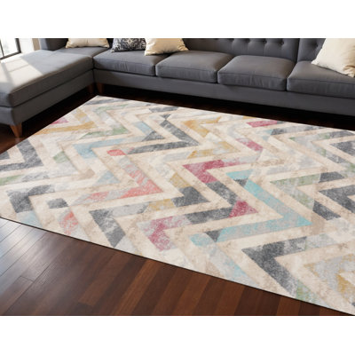Tapis 8 pi x 11 pi crème et bleu à chevrons roses