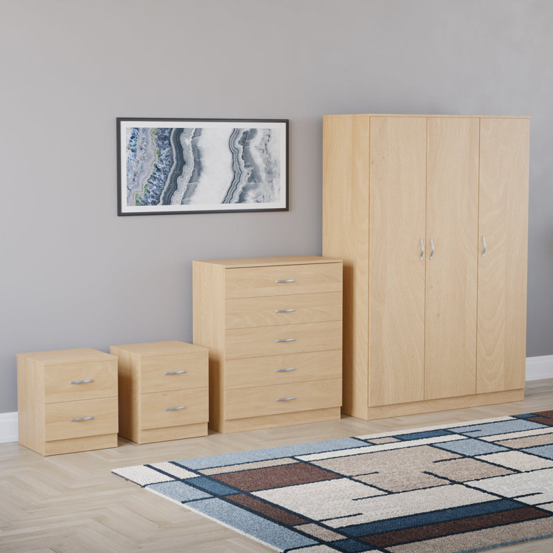 Tayce 4 Piece Bedroom Set (2 Drawer Bedside Chest X2, 5 Drawer Chest, 3 Door Wardrobe), Tan