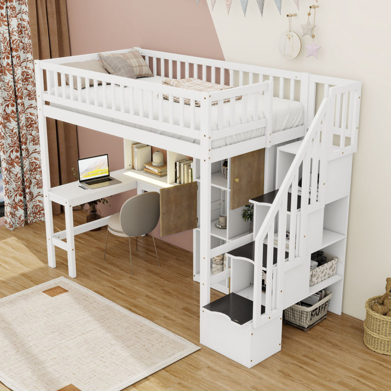 Lit mezzanine simple en bois avec bureau intégré, éclairage DEL et grand rangement, Blanc