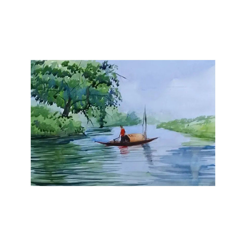 Bateau dans une rivière | Aquarelle sur papier | Par Chakradhar Mahato