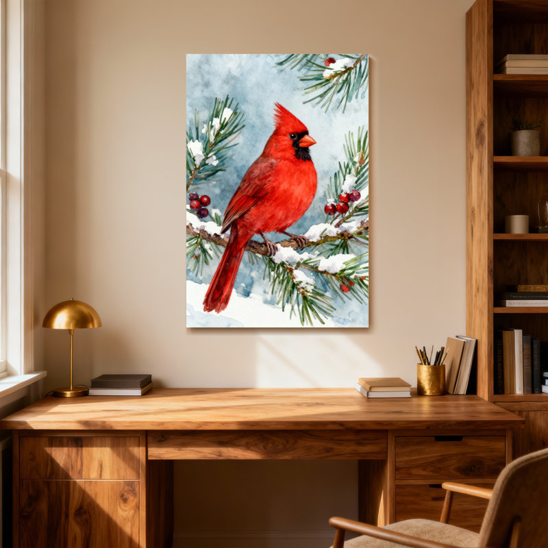 Cardinal de Noël rouge perché sur une branche enneigée avec des baies, H 30 po x l 20 po