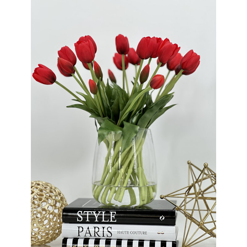 Tulipes artificielles Real Touch dans un vase en verre , Rouge