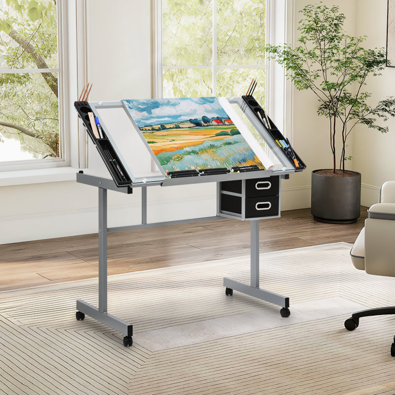 Table de travail à roulettes avec plateau réglable en verre trempé