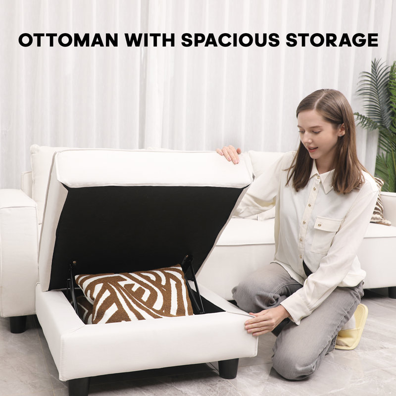 Modern Linen Modular Sectional Sofa U Shaped with Extra Deep Seats and Storage Ottomans, Beige Linen