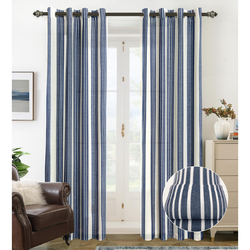 Rideaux semi-transparents en lin avec motif à rayures Chris, L 52 po x L 120 po, Bleu marine foncé