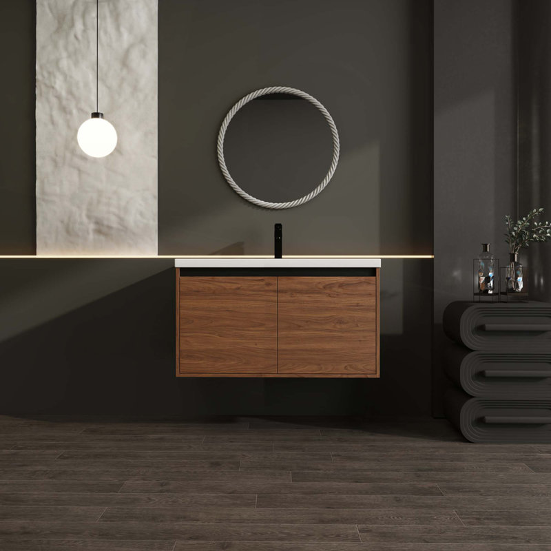 Meuble-lavabo de salle de bain avec lavabo de comptoir en résine et 2 portes, Brun, 35"
