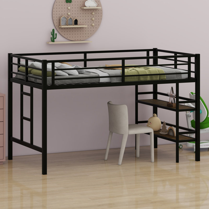 Lit mezzanine en métal avec tablette de rangement, lit mezzanine avec échelle facile à monter et garde-corps pour enfants