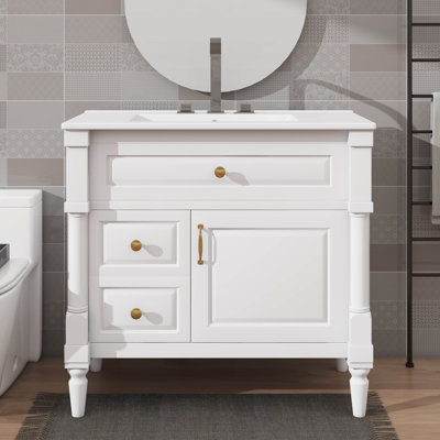 Meuble-lavabo autoportant de 36 po avec lavabo en céramique, tiroir rabattable, tablette réglable, structure en bois d'hévéa et panneaux de fibres à densité moyenne