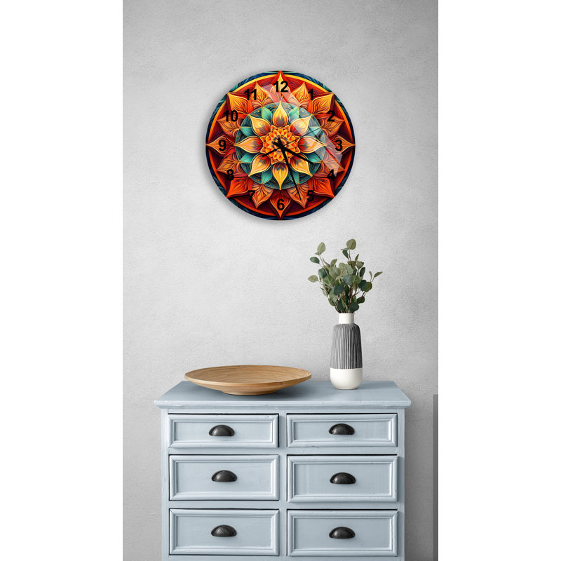 Horloge murale ornée de fleurs rouges, orange et bleu sarcelle Mandala, Noir, Mandala floral 1